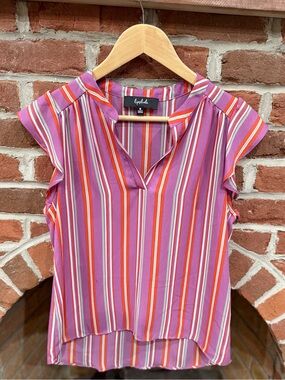 Lipslide Pink & Orange Striped V-Neck Cap Sleeve Blouse